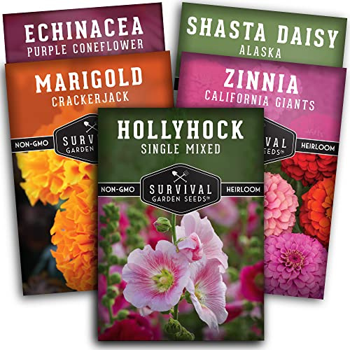 5 Flower Seed Collection for Planting – Zinnia, Marigold, Coneflower, Daisy & Hollyhock – Heirloom Non-GMO Pollinator & Cut Flower Garden Gift Pack | Survival Garden Seeds