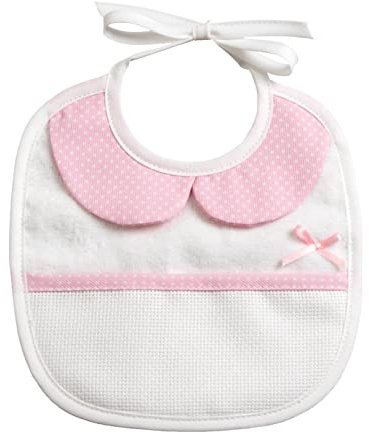 Filet Am234r, Bavaglino Neonata in Morbida Spugna Bianca e Colletto Rosa, Tasca in Tela Aida da Ricamare, Protegge da Pappa, Rigurgiti e Salivazione, 100% Made in Italy, Colore Rosa, Taglia Unica