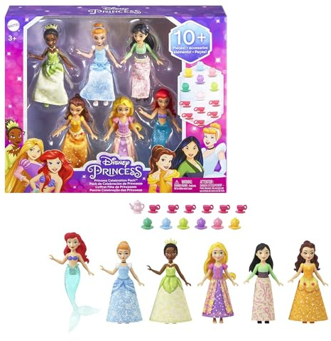 Disney Princess Toys, 6 Posable Small Dolls with Sparkling Clothing and 13 Tea Party Accessories Inspired by Disney Movies, HLW91
