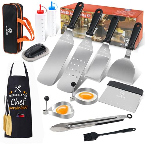 MUJUZE Set de Accessoire Plancha INOX,Cadeau pour Homme Papa,Spatule Professionnelle Pour Barbecue de Gril pour Gril Teppanyaki et Camping.