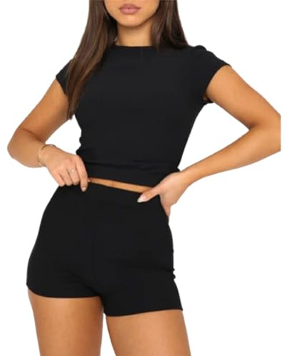 Kukeyiee Women Cotton Top Shirt + Short Set, 2Pc Casual Slim Fit Crop Tops Shirts and Shorts Lounge Set(Black82, M)