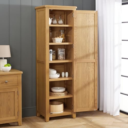 The Furniture Market Cotswold Rustic Smoked Oak Tall Kitchen Storage Cupboard – Solid Oak Pantry Cabinet with Adjustable Shelves & Hooks, Narrow Freestanding Larder Unit - H 1900 x W 600 x D 450mm