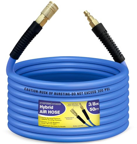 Hybrid Air Hose 3/8 in x 50 ft, 300 PSI Heavy Duty Air Compressor Hose with Quick Coupler and Plug Kit, Lightweight, Kink Resistant, All Weather Flexibility with Bend Restrictors, Blue
