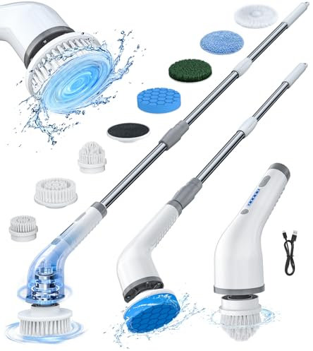 Cepillo de limpieza eléctrico giratorio para ducha, 7 cabezales de cepillo, 2 potentes velocidades de alta velocidad, 90 minutos de funcionamiento, cepillo impermeable para baño, bañera, piso