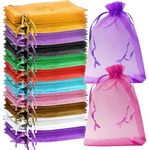 TRUEIN 120 Stück Organzasäckchen, 10 x 15 cm Organzabeutel mit Kordelzug, Geschenkbeutel für Festival, Säckchen zum Befüllen, Schmuckbeutel für Hochzeit Festivalparty (12 Farben)
