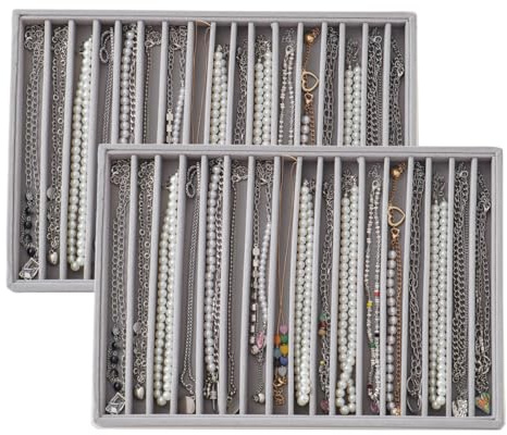 KATISYIO Large Velvet Jewelry Tray 2 Pack Stackable Jewelry Display Drawer Inserts Trays Organizer for Earring Bracelet Necklace Ring (Gray, 16 Grids)