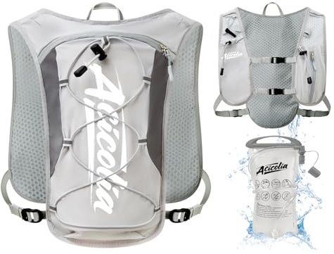 Acicolia Running Vest, Lightweight Hydration Vest for Men Women Breathable & Reflective Running Backpack, With Water Bladder 1500ml ,With Phone Holder & Water Bottle Holder (Gray-2, One Size)
