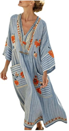 HUALONG Robe Longue Femme - Caftan Été Coton Lin Col V Manches Courtes Tunique Bohème Ethnique Vintage Cache-Maillot De Bain Ample Grande Taille Décontractée Vacances Plage Vintage Robes Fluide