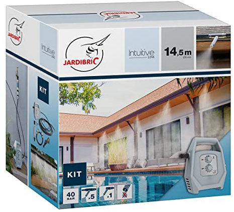 Jardibric – Kit de nebulización KPBRU20 – Brumizador – Bomba programable hasta 40 bares, 14,5 m, 7 boquillas antigoteo y filtro antical incluido – Refrescar eficazmente el aire