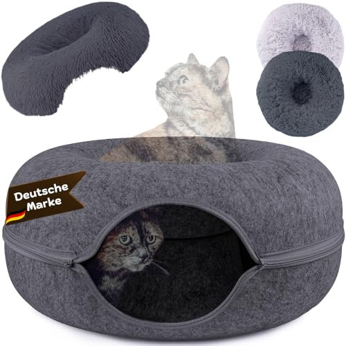 Samtkönig® Katzenhöhle, Katzenbett flauschig, Katzen Donut Tunnel, Katzentunnel aus Filz mit waschbarem Kissen Bezug, Katzenkörbchen als Schlafplatz, Kuschelbett & große Kuschelhöhle 60x60x30cm