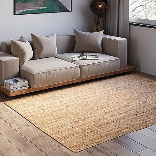 MY-RUG Großer handgewebter Jute Teppich Nitin 150 x 100 cm - Rechteckig, Natur, robust, handgemacht, Juteteppich als Schlafzimmerteppich im Boho Style