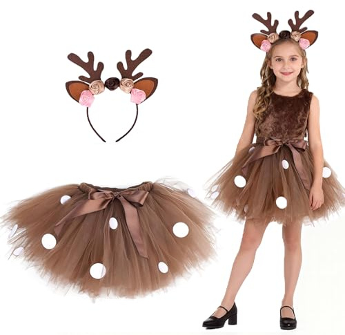 Hifot Deguisement Renne pour Enfant Fille,Serre-tête Renne avec Tutu Jupe Deguisement Animaux Cosplay Halloween Noël Costume