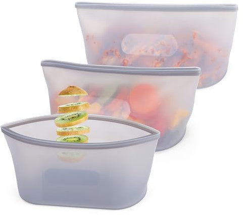 BELLE VOUS Set de Bolsas Herméticas Reutilizables - 3x Bolsa de Congelacion de Silicona Reutilizable de 750 ml para Guardar y Congelar Alimentos - Aptas Lavavajillas y Microondas