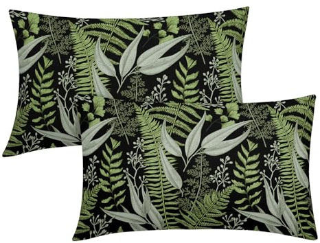 Green Leaf Plant Lumbar Pillow Covers 12X20 Inch Herbs Botanical Fern Vintage Leaves Floral Decorative Pillow Cases Set of 2 Black Throw Pillows Farmhouse Home Decor For Sofa Couch Cushion Outdoor