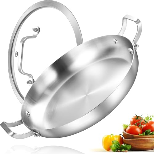 Inqibee Poêle à paella en acier inoxydable triple épaisseur de 33 cm avec couvercle, grille, grande poêle, poêle à induction, passe au lave-vaisselle et au four