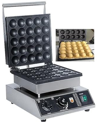 Commercial Bubble Waffle Maker, Egg Waffle Ball Machine with 25 Holes Non-stick Coating, Adjustable 50-300°C Temperature and 0-5min Timing, 360° Even Heating, No Peeling and Good Color, for Shop