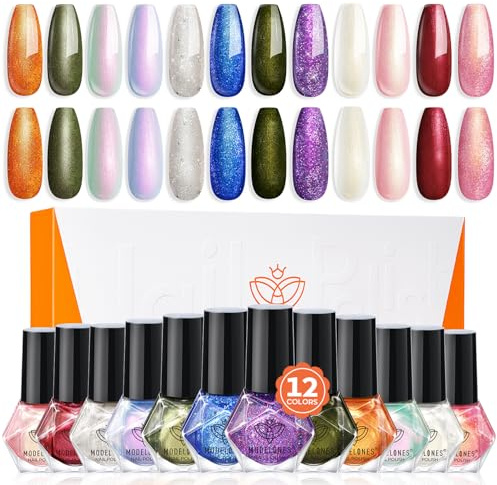 modelones Vernis à Ongles, 12 PCS Vernis à Ongles Lot Brillant Séchage Rapide Hiver Pailleté Rouge Argent Vert, à Base D'eau Vernis Lot, Vernis Gel DIY Nail Art Manucure, Cadeau pour Les Femmes