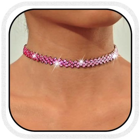 Reaky Choker-Halsketten, goldene Strass-Halskette, funkelnde Halsketten, Schmuck für Frauen (Pink)