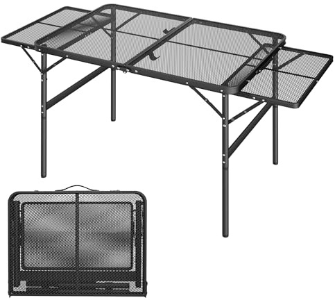 SUBTLETY Mesa auxiliar plegable de metal con tablero plegable de 39 – 70 cm, altura ajustable, mesa de barbacoa con placa de rejilla de metal, mesa de jardín para playa, pícnic, cocina al aire libre
