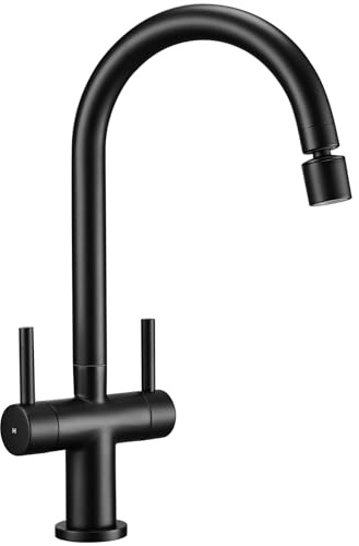 Peppermint Kitchen Tap Black Dual Lever with 2 Function Adjustable Aerator | No-Splash Stream & Spray Modes | High Arc 360° Swivel Swan Neck | Rustproof Brass | Matt Black Kitchen Mixer Taps | Easy Fit