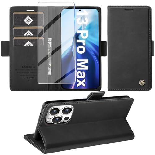 Giyer Cover per iPhone 13 Pro Max Custodia con Vetro Temperato, Premium PU Portafoglio Slot per Scheda RFID Antifurto Funzione Supporto Flip Case, Antiurto per iPhone 13 Pro Max 5G Cover (Nero)