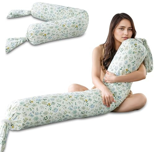 Roseyat Full Body Pillow for Adults & Pregnancy - 55 Extra Long Round Cylinder Pillow for Side Sleepers, Adjustable Firmness, Breathable & Washable with Removable Floral Pillowcase