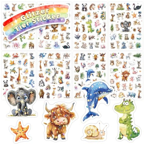 Tier Glitzer Sticker für Kinder, 8PCS Glitzereffekt Über 200 Motiv Tier Aufkleber, Wasserdicht Glitzersticker, Scrapbooking, Fotoalbum, Geschenke