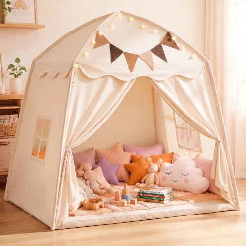Tente de jeu d'intérieur pour enfant avec tapis et lumières - Grande tente tipi pour chambre d'enfant - Maison de jeu pour l'intérieur et l'extérieur - Tente de lit 2 en 1 pour enfants - Tipi - Tente