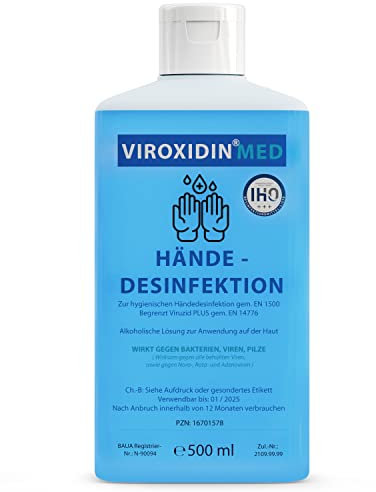 Viroxidin Med Desinfektionsmittel für Hände 500ml - VERGLEICHSSIEGER - Handdesinfektionsmittel gegen Bakterien, Viren & Pilze für Hygienische Handdesinfektion - Begrenzt Viruzid PLUS gem. EN 14776