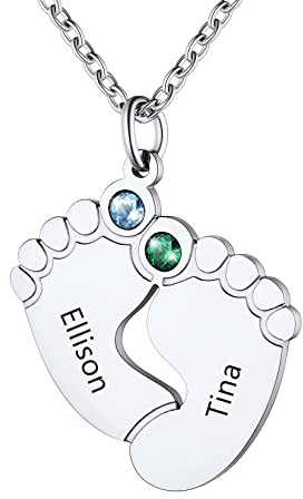 U7 Pies de Bebé con Nombres Grabados Regalo Personalizable para Mama Recién Collar Precioso Acero Inoxidable 316L con Piedras de Cumpleaños Cadenas Finas Ajustables Tono Plateado