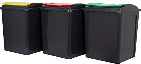 Wham 3 Piece 50L Plastic Recycle Bin Graphite/Assorted (Red/Green/Yellow Lids)