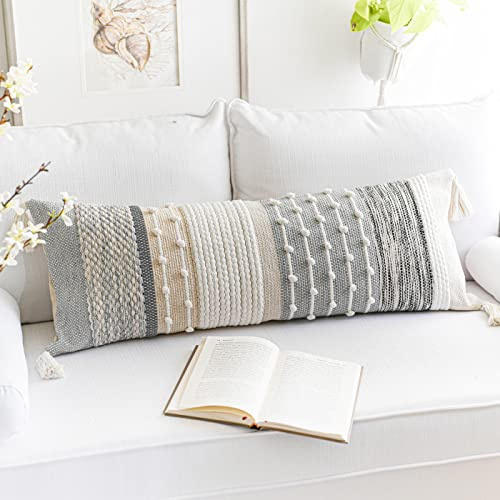 BlissBlush Gray Boho Lumbar Throw Pillow Cover 14x36 Grey Accent Long Body Lumbar Pillow for Bed Decorative Modern Bohemian Woven Textured Lumbar Pillow for Bed Cover ONLY
