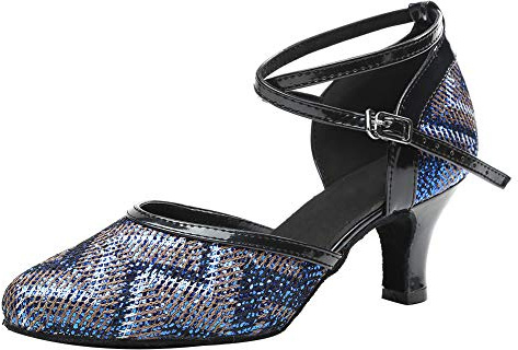 AOQUNFS Chaussures de Danse Latine Femme Bout Fermé Standard Caractère Chaussures de Salon pour Salsa Tango Bachata Valse,L248-Bleu-6cm,EU39