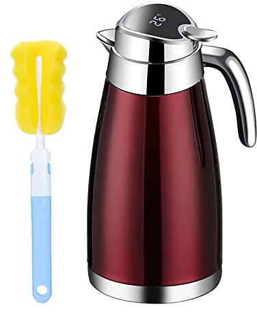 2.3L Isolierkanne Thermoskanne 304 Edelstahl Vakuum Kaffeekanne Teekanne mit Temperatur Anzeige hält 48 Stunden heißfür Kaffee, Tee, Wasser, Getränk (Rot)