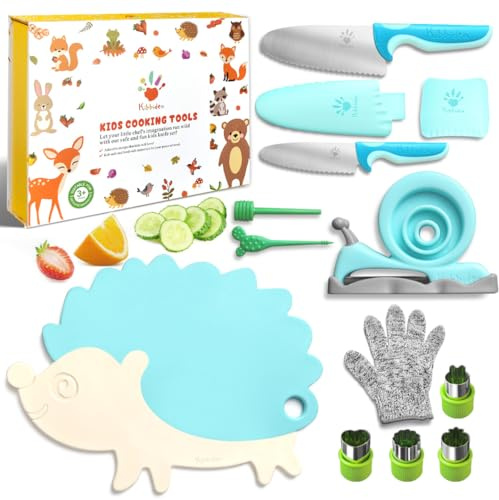 Kibbidea 13 Pcs Kids Kitchen Knife Set, Kids Cooking Sets Real with Cutting Board, Peeler, Serrated Edges Stainless Steel Toddler Safe Knife, Sandwich Cutter (Blue)