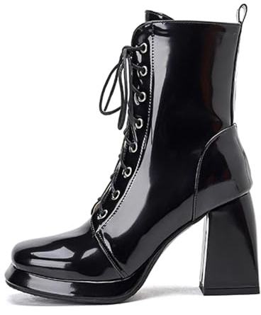 OALEEN Bottines Lacets Femme Hiver Vernis Talon Haute Bloc Bout Carré Boots Chaussures Plateforme Soirée Noir 36