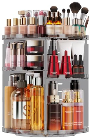 Auxmir Porta Trucchi Rotante a 360°, Organizer Trucchi Multifunzione, Organizzatore Cosmetici Ripiani Regolabili, Grande Capacità, Adatto a Crema Profumo Pennelli per il Trucco (Grigio)