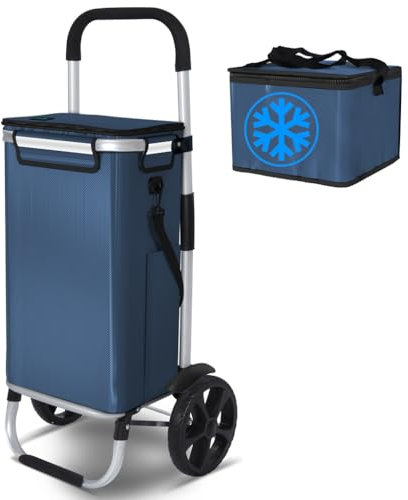 VOUNOT Carrito Compra Plegable de Aluminio 2 Ruedas Carro de la Compra 3 en 1 con Bolsa Impermeable Desmontable Bolsa Isotérmica Individual Carrito de Compras Rodante con Guardabarros 58L Azul Marino