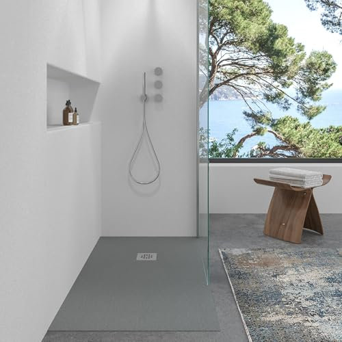 VAROBATH | Plato de Ducha Nolita – Material Resina con Carga Mineral y Textura Pizarra Antideslizante C3 – Incluye Válvula Desagüe y Rejilla (Gris Cemento Ral-7037, 70x120)