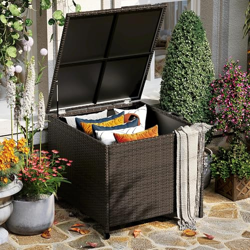 80 gal Deck Box, Outdoor Patio Storage Box, Wicker Patio Deck Boxes with Lid, Waterproof and Weather-resistant, Outdoor Furniture for Cushion,Pillows,Indoor, Pool, Balcony, Yard, Garden(Brown)