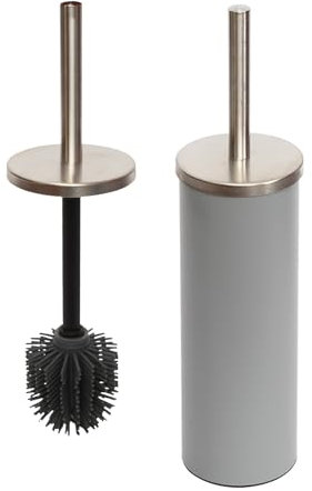 Yucong Standing Toilet Brush and Holder with Detachable Silicone Soft Brush Head | Stainless Steel Lid Handle & Anti-Slip Base | Commercial-Grade Bathroom Cleaner for Hotel/Home Use (Grey)