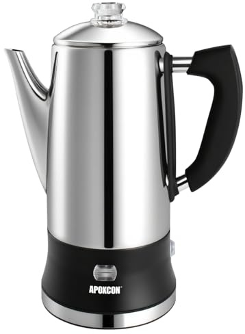 APOXCON Electric Coffee Percolator, Stainless Steel Pot with Heat-Resistant Glass Knob & Cordless Serving, Modern Coffee Maker (12 cups)