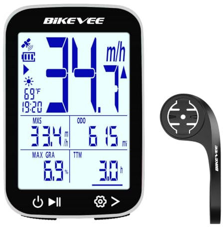 Bikevee GPS Bike Computer, 2.4 Display, IPX7, Wireless, 50g | 28h Battery | GPS Speedometer, Auto Backlight, Auto Start/Stop, Gradient, Altitude & Temperature