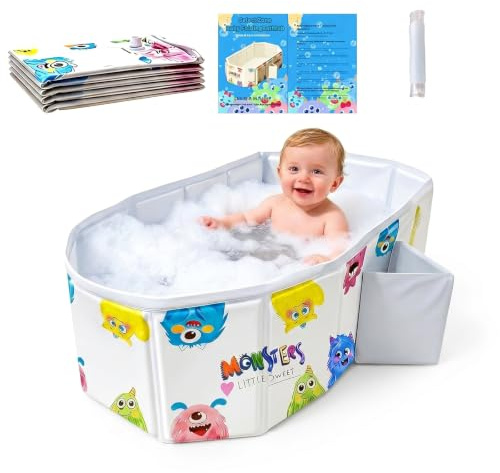 Select Zone Baby Badewanne,Großraum Babywanne,Baby wanne im Monsterchen Motiv,Platzsparende Babybadewanne Faltbar,Tragbare badewanne kinder,Kinderbadewanne mit Ablassschraube für Kinder von 0-8 Jahre