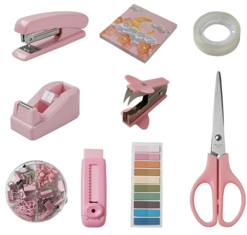 Pink Office Supplies Desk Set with Stapler, Scissors & Tape