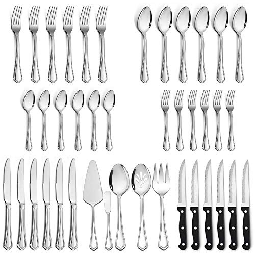 LIANYU 41-Piece Silverware Flatware Set for 6, Plus Steak Knives and Serving Utensils, Stainless Steel Flatware Cutlery Set, Eating Utensils Tableware with Scalloped Edge, Dishwasher Safe