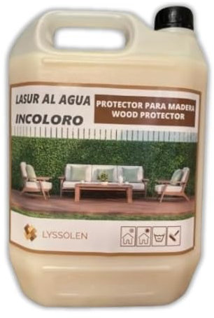 LYSSOLEN - Lasur Protector de Madera Satinado - Barniz Madera Exterior e Interior al Agua con Efecto Impermeabilizante Ideal para Terrazas y Superficies Exteriores (PINO, 5 LITROS)