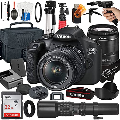 Canon EOS 2000D / Rebel T7 DSLR Camera with EF-S 18-55mm + 500mm Preset Manual Focus Lens + SanDisk 32GB Card + Tripod + Case + MegaAccessory Bundle (23pc Bundle), Black /Multicolor (Renewed)