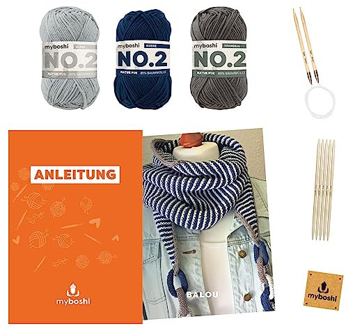 myboshi Strickset Dreieckstuch Balou, inkl. No.2 Wolle, Nadelspiel, Rundstricknadel, Anleitung, Label, 85% Baumwolle, 15% Kapok, Blau mit Rundstricknadel