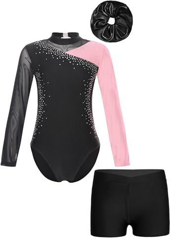 FEESHOW Kinder Turnanzug Mit Hose Mädchen Turntrikot Langarm Gymnastik Body Shorts Haargummi Set Ballett Tanzoutfit Trainingsanzüge Rosa&Haargummi 158-164